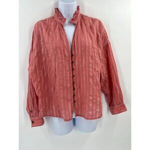 Anthropologie Pilcro Size MP Button Up Ruffle Collar Metallic Stripe Pink Blouse